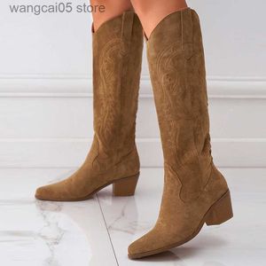 Boots Liyke Western Style Cowboy Boots For Women Fashion Borduured puntige teen lage hoef hakken herfst winter slip-on kniehoge schoenen T230817