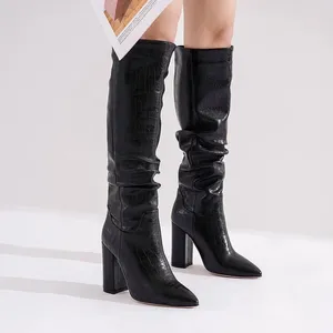 Boots Lloprost Ke Winter Women Knee High Black Pu Cowbody Hoe Toe Block Heels Party de fiesta casual Long Wester