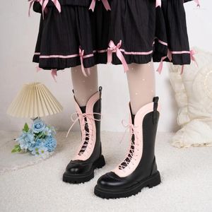 Laarzen lolita-stijl cosplay zoete midkalf dames winter 2024 dikke zool vross-gebonden gemengde kleuren platform botas feest vrouwen schoenen