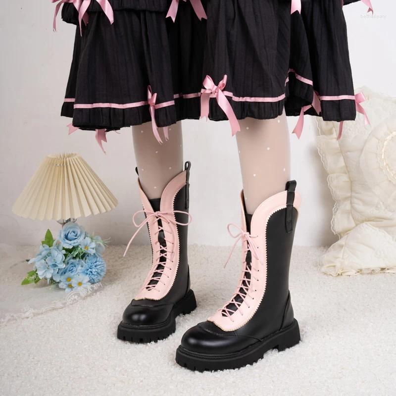 Boots Lolita Style Cosplay Sweet Mid-calf Ladies Winter 2024 Thick Sole Vross-tied Mixed Colors Platform Botas Party Women Shoes