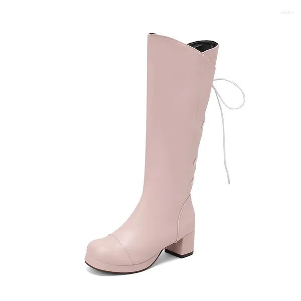 Botas Lolita Winter Knee High Women Fashion de cuero 2024 Zapatos Bloqueos Tacones de encaje de encaje para cremallera para pantorrilla ancha