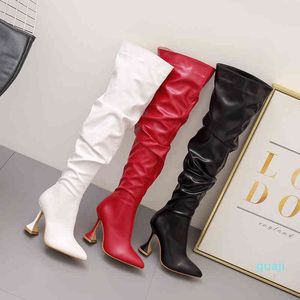 Botas Tacones finos para mujeres a largo plazo Cabezas puntiagudas Blanco Rodilla alta Piernas delgadas Copa de vino Tacón mujeres 35-42