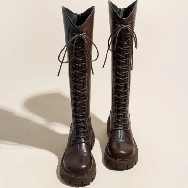 Bottes longues femmes automne hiver épais mi-talon marron V bouche genou haute plate-forme à lacets solide chevalier dos fermeture éclair Bota