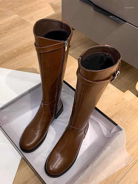 Bottes longues femmes hiver 2023 fermeture éclair latérale talon épais Plus velours chaud sur les bottes au genou1