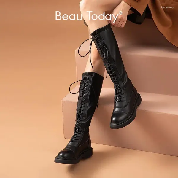 Botas Long Women STRING PU Knee High Lace-Up Round Toe Street Winter Ladies Zapatos gruesos Beautoday 01513