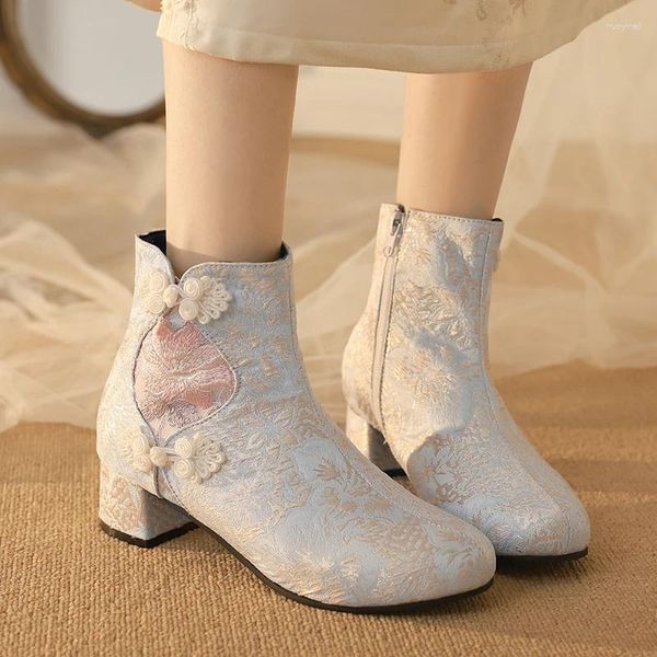 Botas encantadoras flores tela bordado tobillo para princesa bloque tacón otoño invierno 2023 fiesta lolita zapatos niñas envío gratis 12 y
