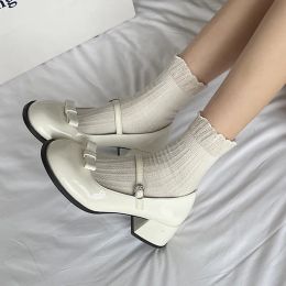 Botas Lucyever Cute Bowknot White Mary Jane Shoes Women 2023 Nuevos tacones gruesos Pombas desnudas Mujer japonesa Lolita zapatos Mujer