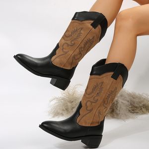 Bottes Lucyever Cowboy brodé pour femmes talon moyen bout pointu mi-mollet Botas femme 2023 rétro Western Cowgirl femme 230815