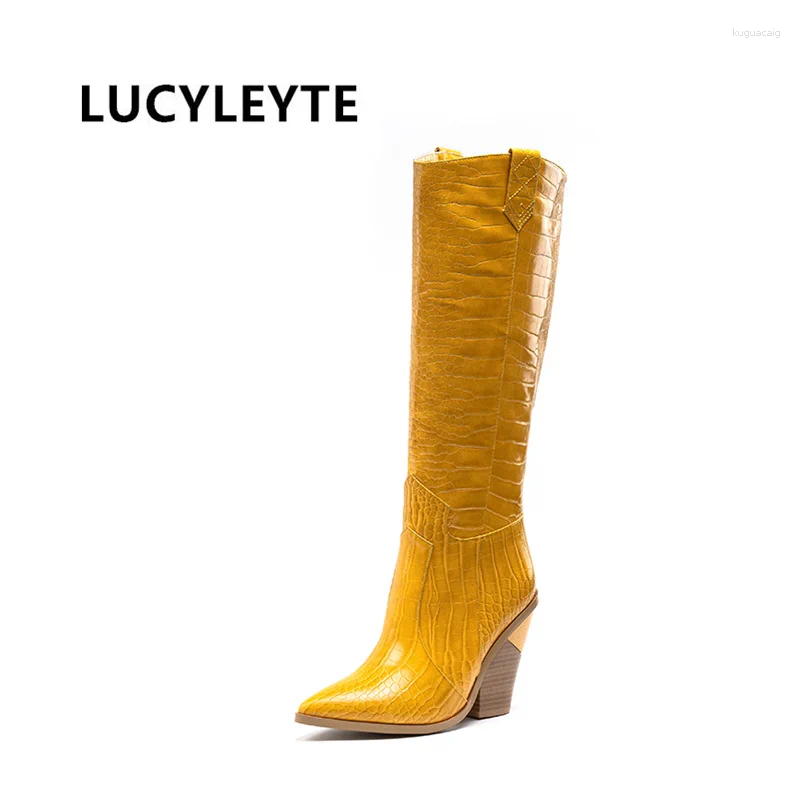 Stövlar Lucyleyte Brand Spring Winter Ins Big Size 46 High Heels Women skor Retro Long Slip on Woman Western