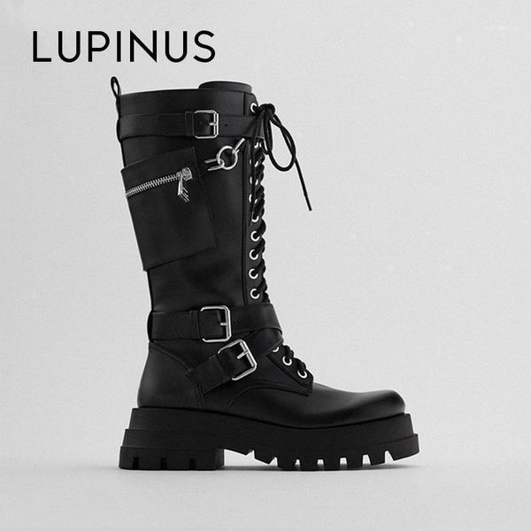 Bottes Lupinus Design Femme Longues Boucles Plates Noires Plates Talons Chunky Cuir