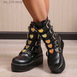 Botas Marca de lujo Tamaño grande 43 Moda Cool Street Hebillas Goth Plataforma de invierno Botas de motocicletas Halloween Cosplay Zapatos de mujer negros T230829