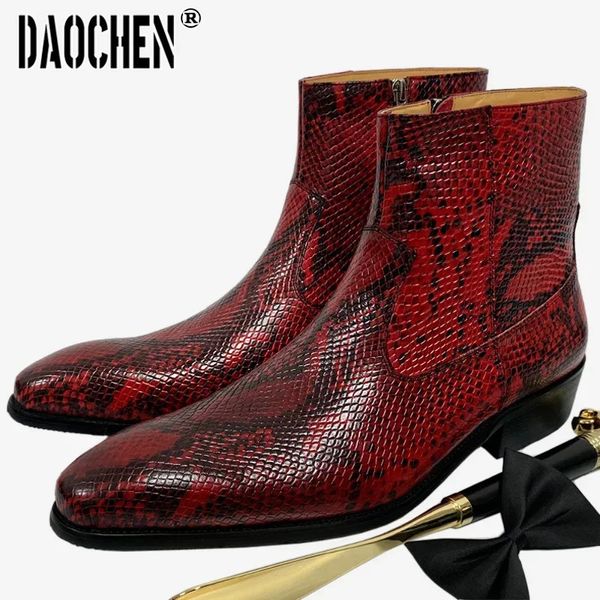 Bottes Marque de luxe hommes bottes haute fermeture éclair mi-mollet bottes sans lacet Python chaussures décontractées rouge blanc bottes de base en cuir chaussures hommes 231216