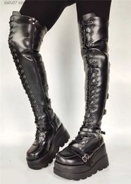 Bottes Luxe flambant neuf dames haute plate-forme gothique sur le genou bottes Punk fête cuissardes femmes compensées talons hauts chaussures femme T231106
