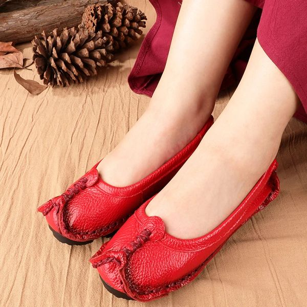 Botas Luxury Genuine Leather Flats Women Vintage Red Chino Chino Novias Zapato de boda Ladies Diseñador de costura Boho zapatos Mocasins