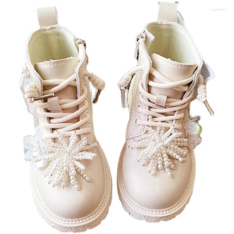 Botas de lujo para niños niñas otoño invierno con diamantes de imitación perlas princesa zapatos para niños antideslizantes moda infantil botines lindos