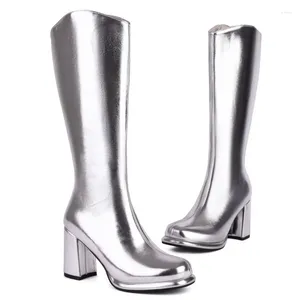Boots Luxury Knee High pour les femmes 2024 Hiver Tendances Zipper Gold Silver Talons Long Boot Party Dance Chaussures Femelle Taille 45 48