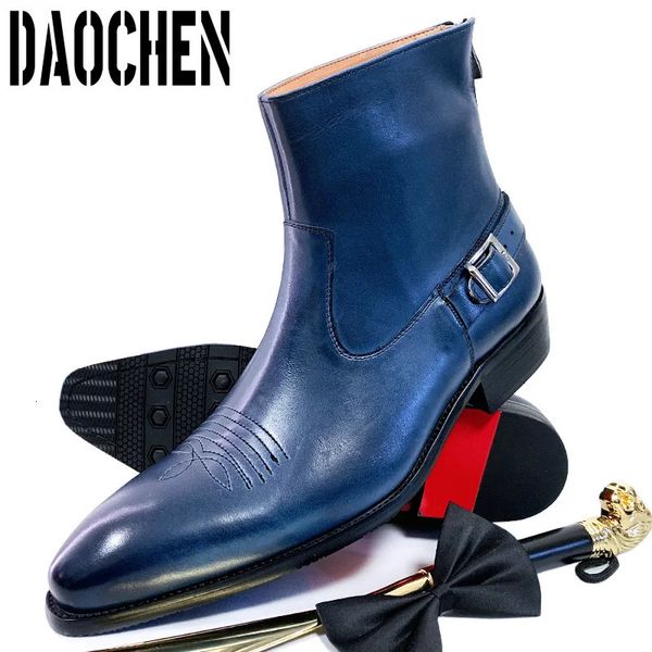 Bottes De luxe hommes bottines fermeture éclair mi-mollet sans lacet chaussures habillées décontractées bottes d'hiver noir bleu cuir bottes de base hommes chaussures 231216