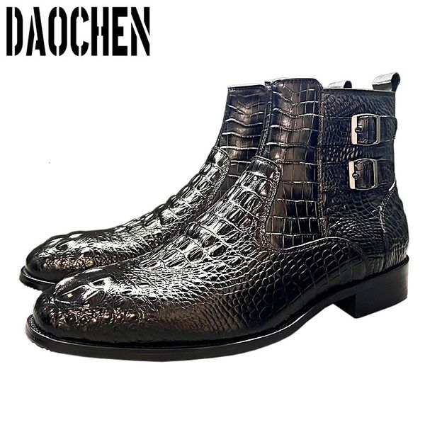 Bottes Luxury hommes Chaussures de cheville noire marron imprimé à imprimé Chelsea double boucle authentique robe en cuir masculin 230817