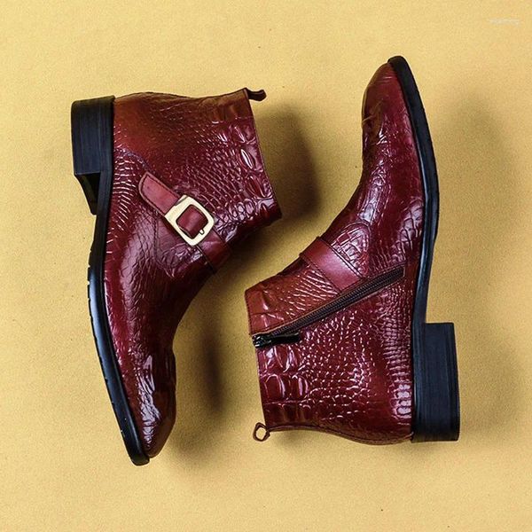 Botas Moda para hombre de lujo Estampado de cocodrilo Cuero genuino Tobillo Doble Monje Correa Cremallera Hombres Zapatos de vestir Básicos