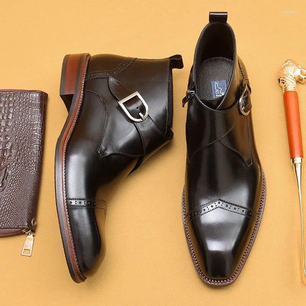 Botas de lujo para hombre de alta calidad con hebilla y correa en el tobillo, vestido informal, zapatos para hombre, oficina, boda, cuero genuino para hombres