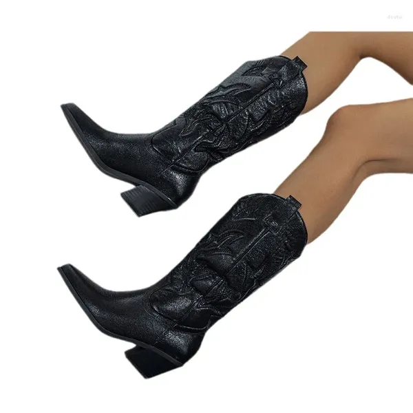 Botas de lujo con punta estrecha para mujer, zapatos de tacón alto grueso, estilo gladiador largo Vintage, calzado femenino elegante, calzado elegante