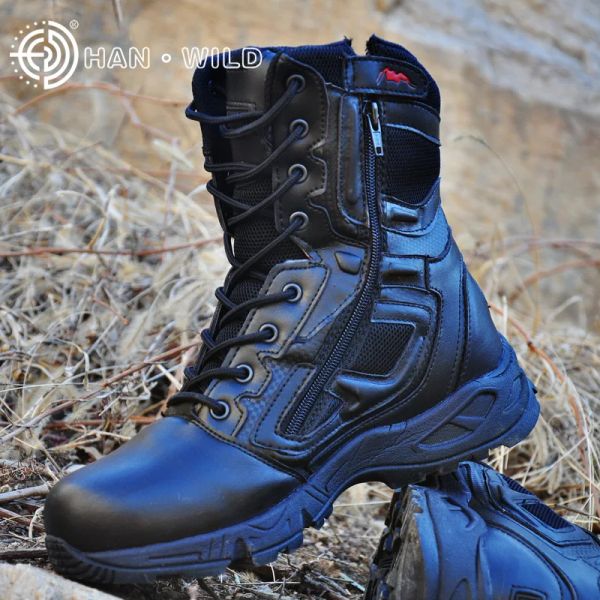 Boots Man Trekking Chaussures extérieures Tactical Military Military Noir Afficher le cuir imperméable Botte de cuir Camping Bottes de chasse de randonnée d'escalade