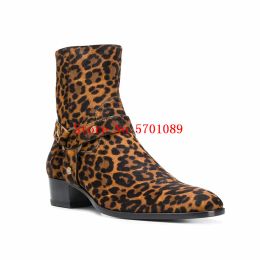 Botas hombre wyatt arneses botas horsehair leopardo impresión botas de cuero genuino leopardo correa de londres paris botas zapatillas