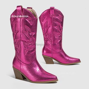 Bottes Matallic Cowboy Cowgirl Bottes Pour Femmes Slip On Fashion Glitter Bling Western Bottes Bout Pointu Med Talon Punk Chaussures Or Argent 230801