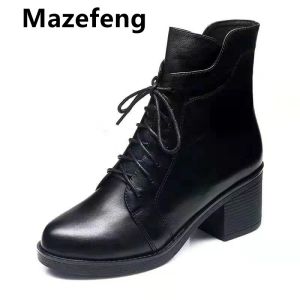 Boots Mazefeng Dames platform Winter Motorfietslaarzen voor dames koe leer gespoten schoenen vrouw casual ritssluiting schoenen