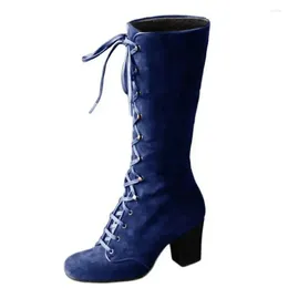 Botas Medieval Women's Casual Riding Winter Lace Up Leede Long Tube Knight Boot Femenino High Heel Cowboy Shoes Mid-Calf Sexy