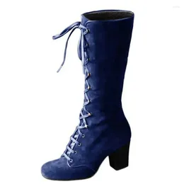 Laarzen middeleeuwse dames casual rijden winter veter omhoog suede lange tube ridder boot vrouwelijk hoge hak cowboy schoenen halverwege kalf sexy