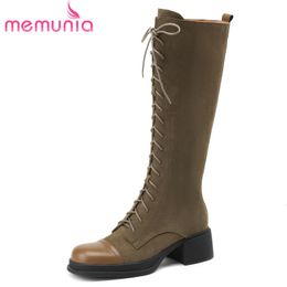 Bottes Memunia vache daim cuir fermeture à glissière plate-forme bande étroite dames automne hiver carré me talons genou haute 230907