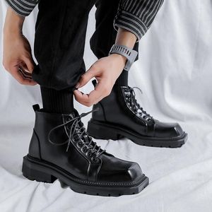 Botas de lujo para hombre, moda Punk, vestido de club nocturno, plataforma, zapatos de diseñador de marca, botas de cuero genuino con punta cuadrada, Botas tobilleras geniales