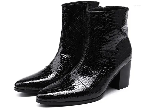 Boots hommes noir pointu toe serpent grain robe masculine de la mode en cuir authentique en cuir à talons hauts 39-46
