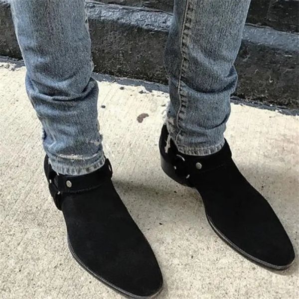 Boots Men Boots Black Handmade Handmality Cow Suede Ring Fashion Business Casual Street Men Boots Chaussure Homme