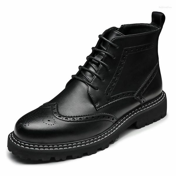 Botas Hombre Casual Vestido de fiesta de boda Cuero de vaca Tallado Brogue Zapatos Otoño Invierno Bota Plataforma Tobillo Botas Hombre