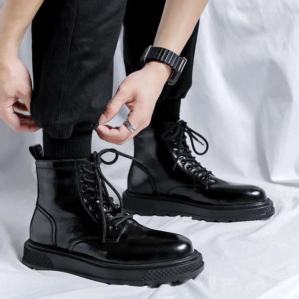 Botas para Hombre, plataforma a la moda, zapatos negros con estilo de cuero genuino, Botas de vaquero de diseñador de marca, vestido de fiesta y banquete, Botas hasta el tobillo para Hombre