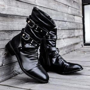 Bottes hommes mode scène discothèque chaussures moto noir chaussures en cuir souple haut haut Cowboy botte beau court Botas Hombre