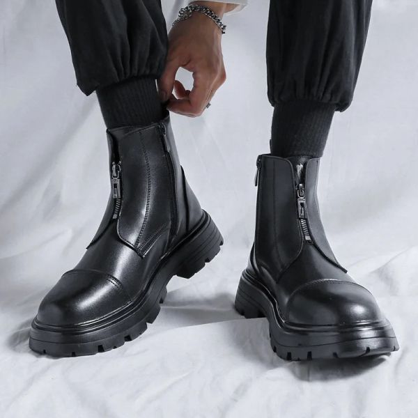 Bottes Men Front Zipper Botkle Boots Casual Split Leather Platform Boots Male Streetwear Punk Style Motorcycle Boots