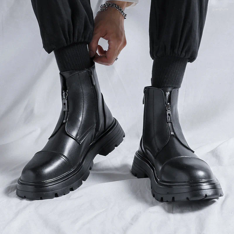 Stivali da uomo con cerniera frontale alla caviglia casual in pelle crosta piattaforma maschile streetwear stile punk moto