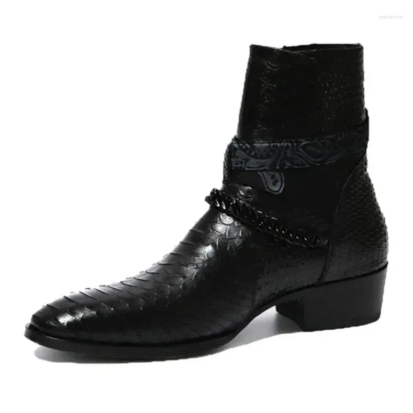 Bottes hommes en cuir véritable boucle de ceinture avec talon bas haut motifs en relief affaires formelles grande taille 38-46