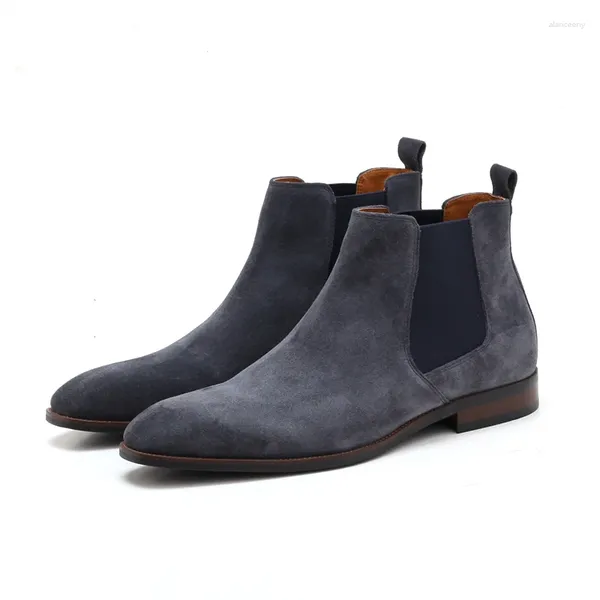 Botas Hombres Cuero Genuino Retro Chelsea Estilo Británico Punta Cuadrada Ante Antiguo Alto Top Negocios