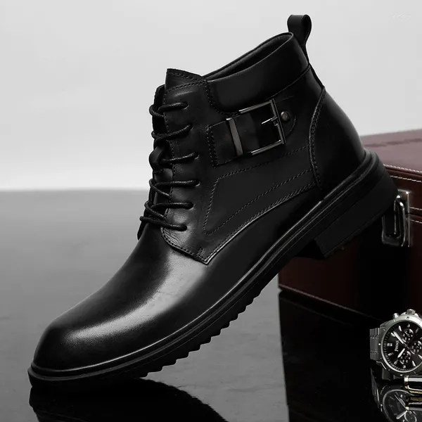 Bottes hommes en cuir véritable élégant exquis cheville bout rond chaussures à lacets 2024 bureau robe d'affaires