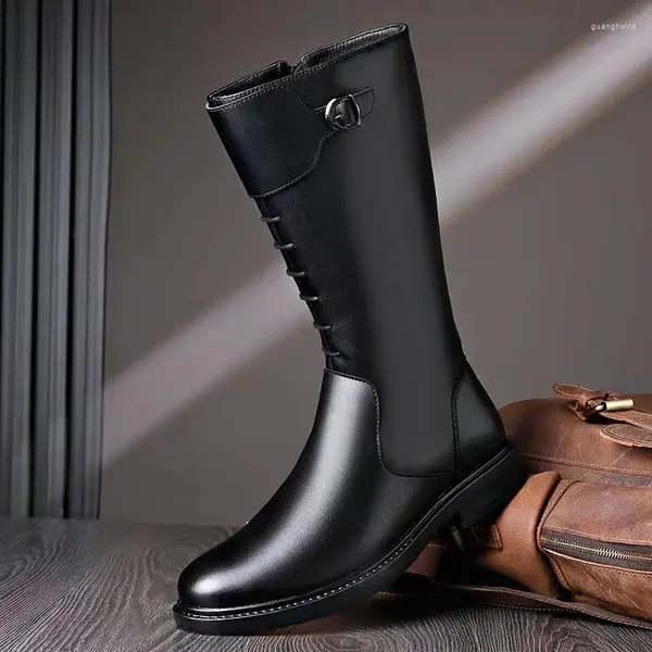 Bottes de luxe en cuir pour hommes, chaussures de moto hautes, noires, tendance, originales, automne-hiver, bottes d'équitation, Cool, longues, Knight Botas