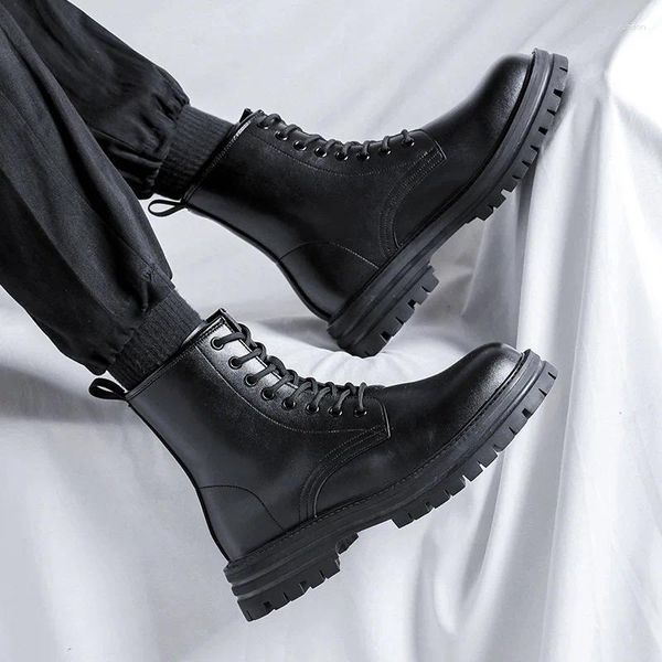 Botas de lujo para hombre, zapatos de cuero originales negros de motocicleta, vestidos de fiesta y banquete, Botas de plataforma vaquera, botines para hombre