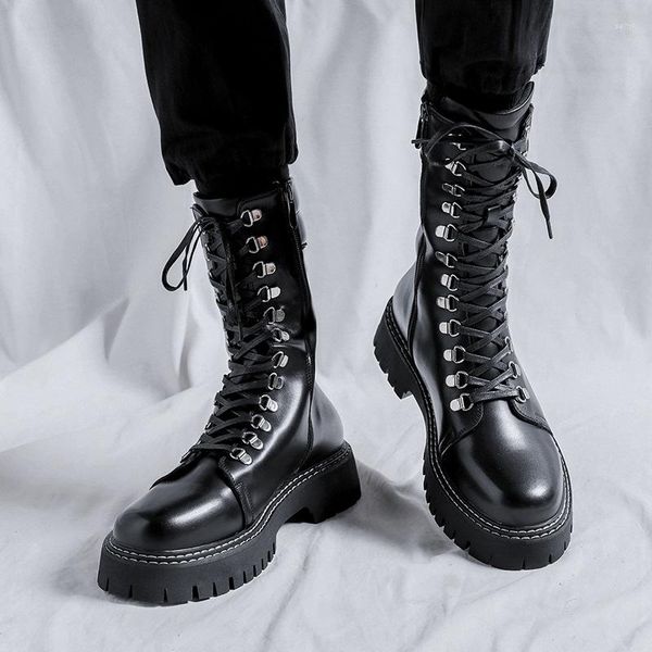 Botas de lujo para Hombre, zapatos de cuero originales negros para motocicleta, con cordones, Botas altas de caballero, plataforma de vaquero, Botas largas para Hombre