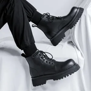 Botas de lujo para hombre, plataforma de moda, marea negra, zapatos de cuero genuino, Botas gruesas de vaquero, vestido de fiesta y graduación, Botas hasta el tobillo para hombre