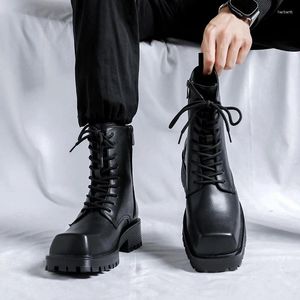 Bottes hommes luxe mode plate-forme bout carré chaussures scène discothèque robe marque concepteur Original en cuir botte noir haute Botas