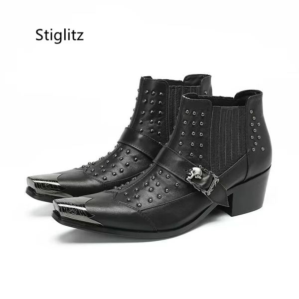 Bottes Boots Courteaux Rivet Slivet on Ankle Boths with Talons Toe Metal Green En cuir Bots for Men Business Dress Chaussures de mariage