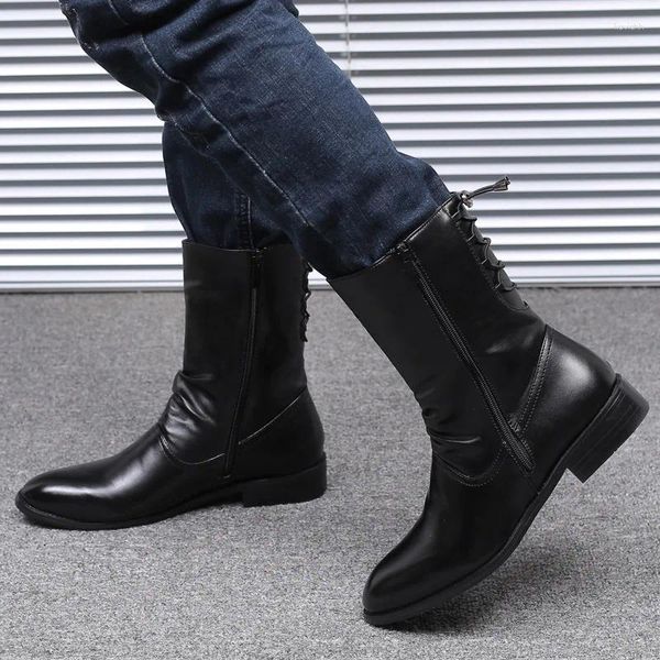 Botas Moda para hombres Vestidos de fiesta de noche Marea negra alta Zapatos de cuero originales Guapo Vaquero Bota larga Botas cortas juveniles Mans